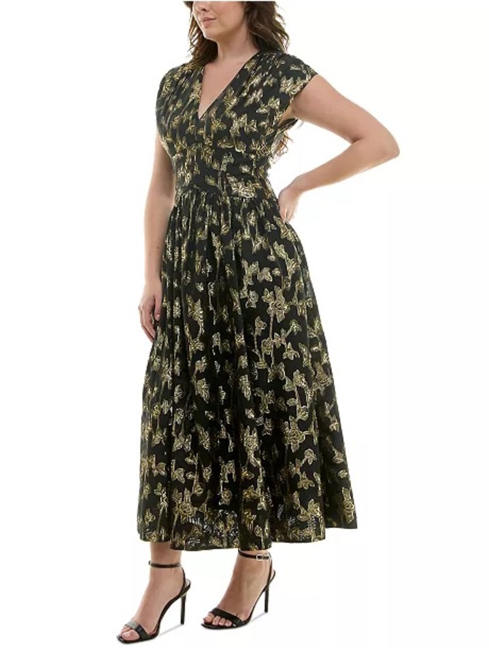 Zarr Collection Versona V-Neck Cap-Sleeve Dress Size 10 Pockets NWT! Black Gold